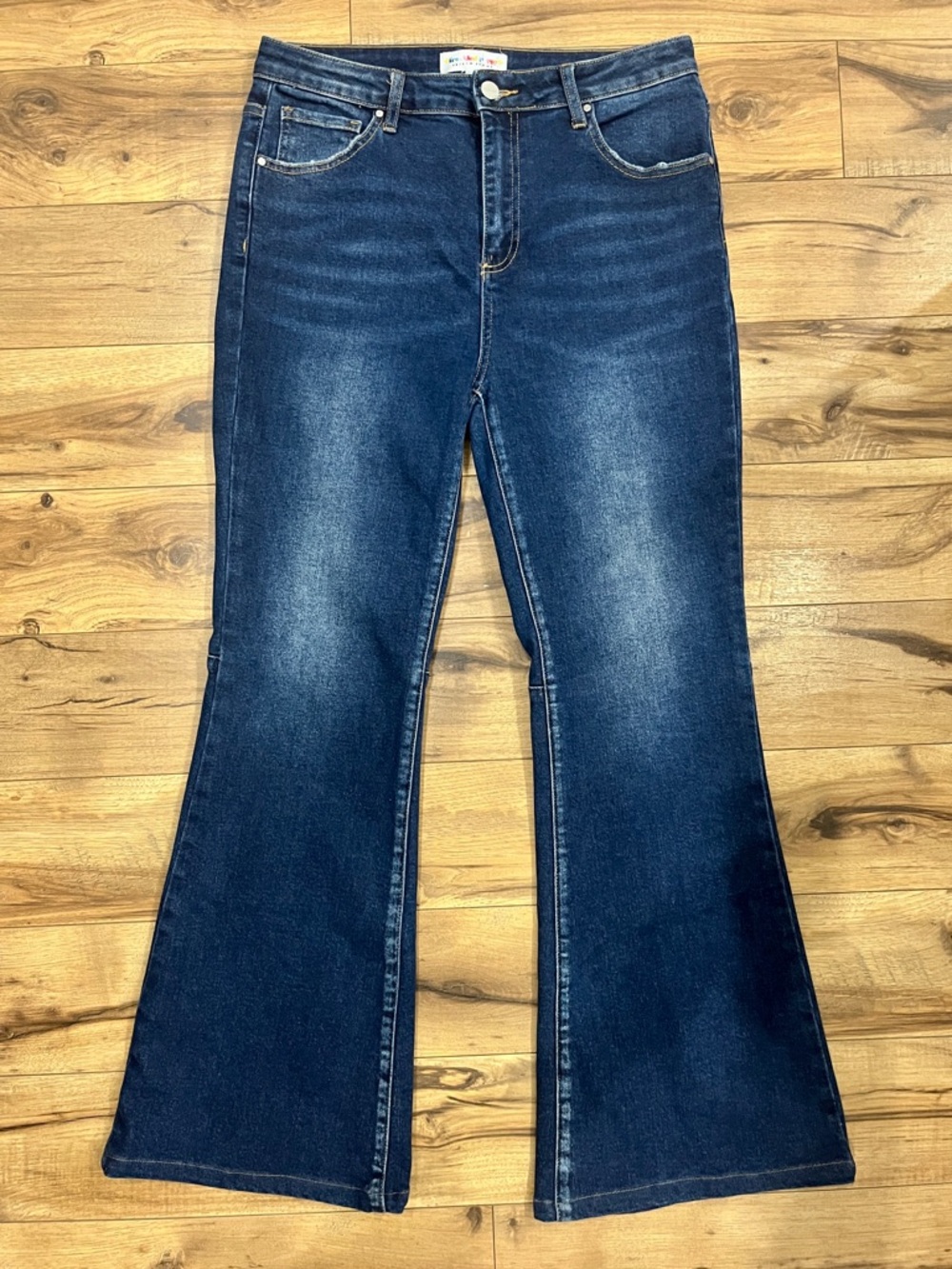 Freckled Poppy x Risen High Rise Tummy Control Flare Jeans Dark Wash Back Seams